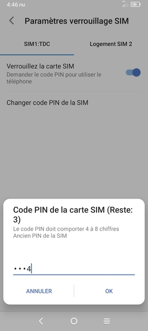 Saisissez votre Ancien code PIN de la carte SIM et sélectionnez OK