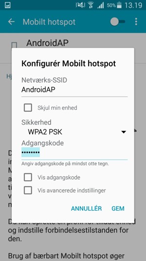 Indtast en adgangskode på minimum 8 tegn og vælg GEM