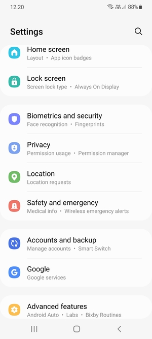 Scroll to and select Biometrics and security