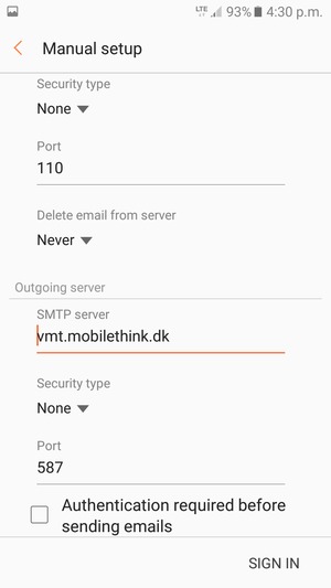 Uncheck the Authentication required before sending emails checkbox and select SIGN IN