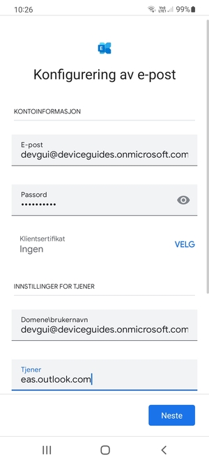 Skriv inn Brukernavn og Exchange serveradresse. Velg Neste