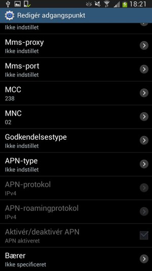 Scroll ned og indtast internet-oplysninger