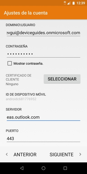 Introduzca Nombre de usuario y la dirección de servidor Exchange. Seleccione SIGUIENTE