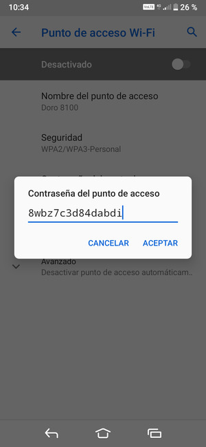 Introduzca una contraseña de punto de acceso Wi-Fi de al menos 8 caracteres y seleccione ACEPTAR