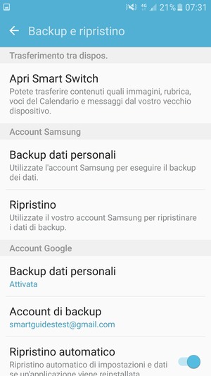 Seleziona Account di backup