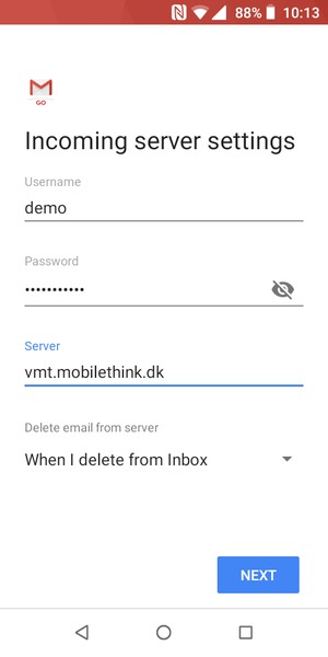 Enter Username and Incoming server address. Select NEXT