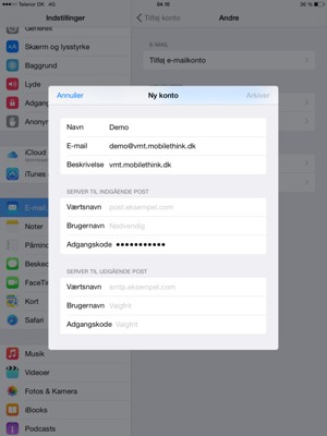 Indtast e-mail-oplysninger for SERVER TIL UDGÅENDE POST og vælg ::Arkiver