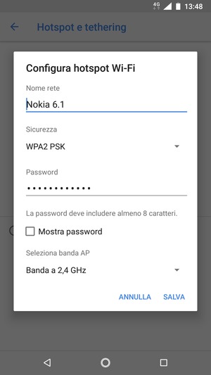 Inserisci una password dell'hotspot Wi-Fi di almeno 8 caratteri e seleziona SALVA