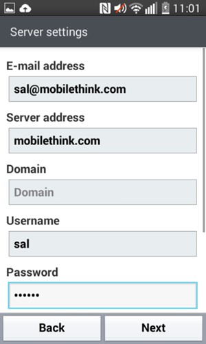 Enter Exchange server address and Username. Select Next