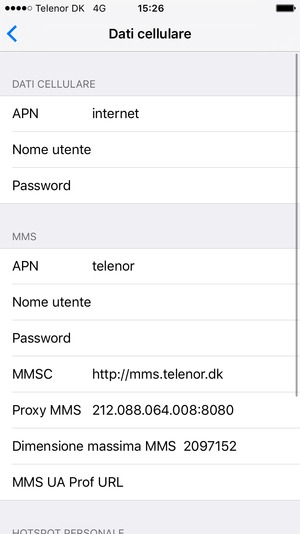Inserisci le informazioni di Internet