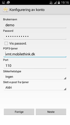 Skriv inn Brukernavn og innkommende serveradresse. Velg Neste