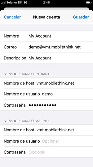 Introduzca la información correo para el SERVIDOR CORREO SALIENTE y seleccione Guadar