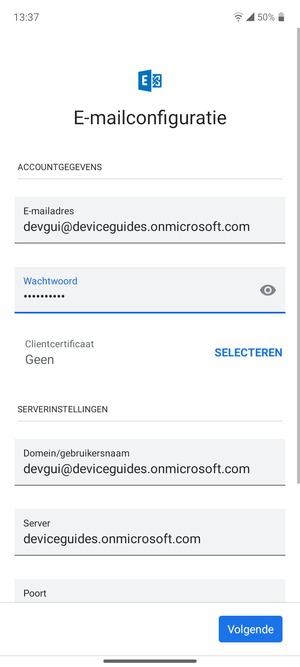 Voer Gebruikersnaam en Exchange serveradres in. Selecteer Volgende