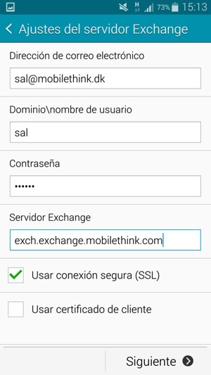 Introduzca Nombre de usuario y la dirección de servidor Exchange. Seleccione Siguiente