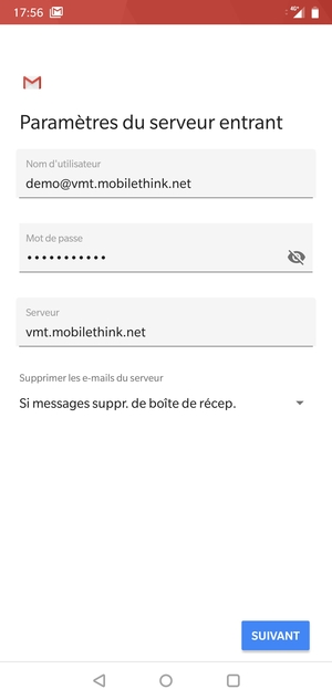 Saisissez votre Nom d'utilisateur et l'adresse du serveur entrant. Sélectionnez SUIVANT