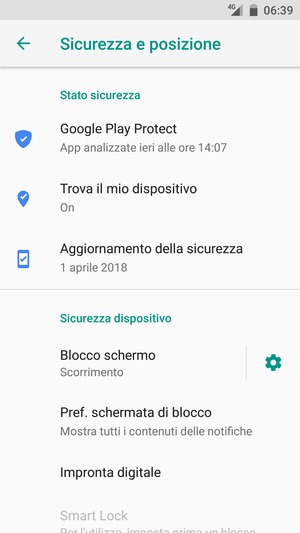 Per attivare il blocco dello schermo, vai al menu Sicurezza e posizione e seleziona Blocco schermo