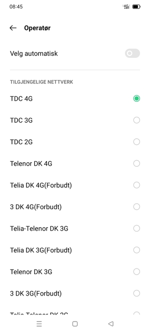 Velg en nettverksoperatør fra listen