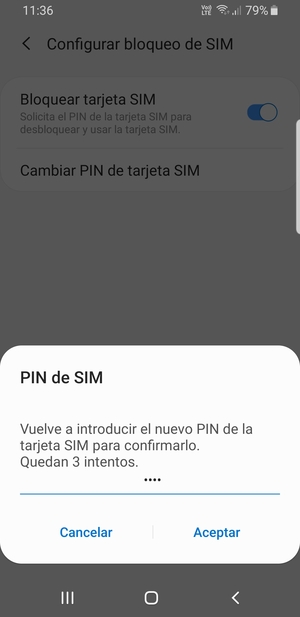 Confirme su nuevo PIN de la tarjeta SIM y seleccione Aceptar