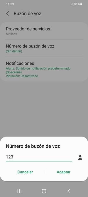 Introduzca el Número de buzón de voz y seleccione Aceptar