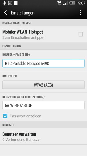 Geben Sie ein Passwort mit mindestens 8 Zeichen ein und aktivieren Sie das Kontrollkästchen Mobiler WLAN-Hotspot