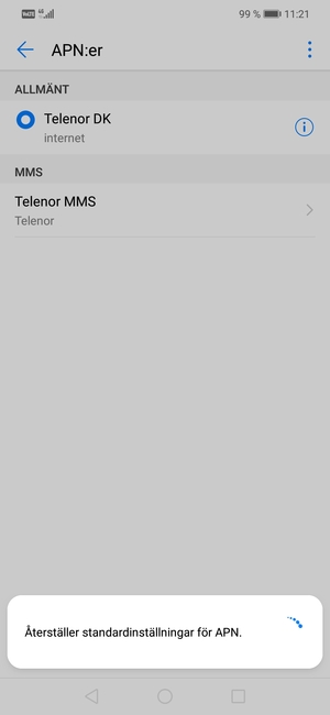 Din telefon kommer återgå till standardinställningar för internet och MMS