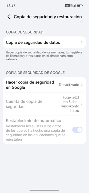 Seleccione Hacer copia de seguridad en Google