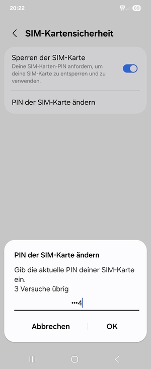 Geben Sie Ihre Aktuelle PIN Ihrer SIM-Karte ein und wählen Sie OK