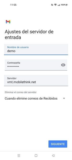 Introduzca Nombre de usuario y la dirección de servidor entrante. Seleccione SIGUIENTE