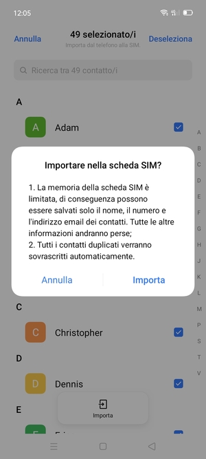 Seleziona Importa