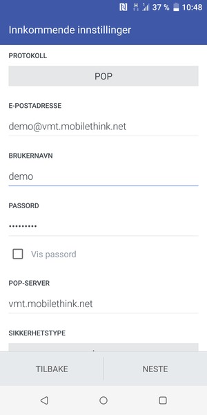 Skriv inn Brukernavn og innkommende serveradresse. Velg NESTE