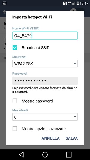 Inserisci una password di almeno 8 caratteri e seleziona SALVA