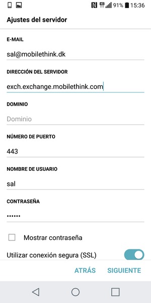 Introduzca dirección del servidor Exchange y NOMBRE DE USUARIO. Seleccione SIGUIENTE