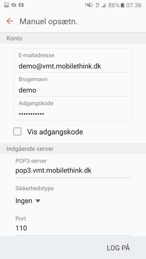 Indtast Brugernavn og indgående serveradresse