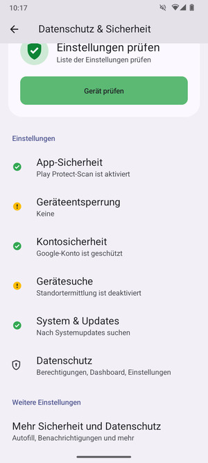 Um die PIN für die SIM-Karte zu wechseln, gehen Sie zum Datenschutz & Sicherheit Menü un dscrollen Sie und wählen Sie Mehr Sicherheit und Datenshutz