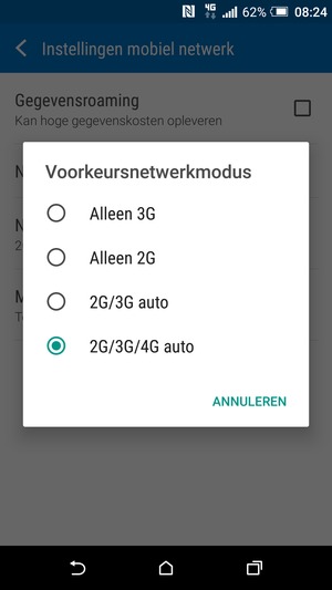 Selecteer 2G/3G auto om 3G in te schakelen en 2G/3G/4G auto om 4G in te schakelen