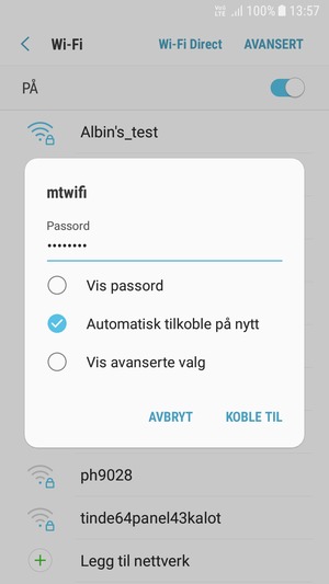 Skriv inn Wi-Fi-passord og velg KOBLE TIL
