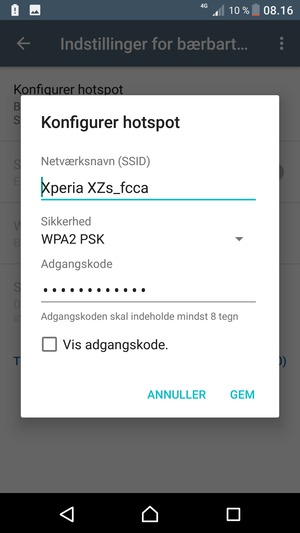 Indtast en Wi-Fi-hotspot adgangskode på minimum 8 tegn og vælg GEM