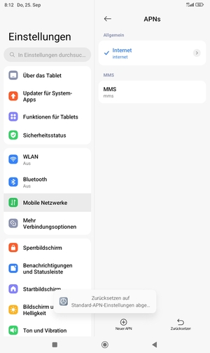 Ihr Tablet wird auf Standard-Einstellungen für Internet und MMS zurückgestellt