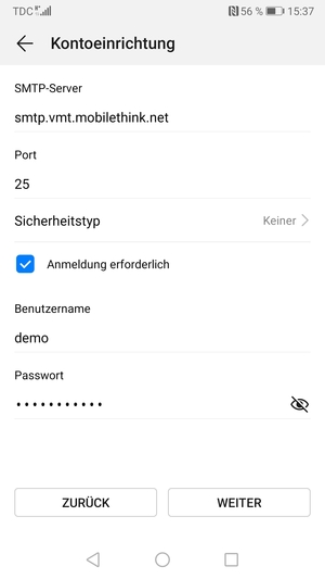 Geben Sie die Server-Adresse für ausgehende Post ein