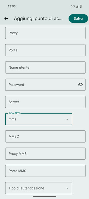 Scorri verso il basso e inserisci le informazioni degli MMS