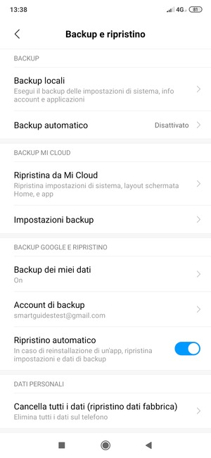 Seleziona Account di backup
