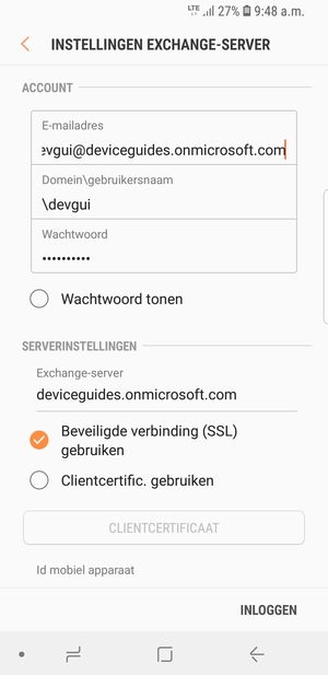 Voer Gebruikersnaam en Exchange serveradres in. Selecteer INLOGGEN