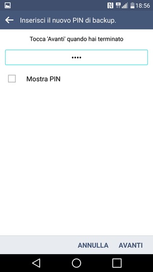 Inserisci una PIN di backup e seleziona AVANTI
