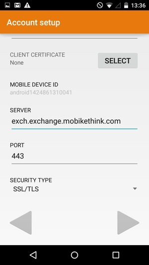 Scroll down and enter Exchange server address. Select NEXT
