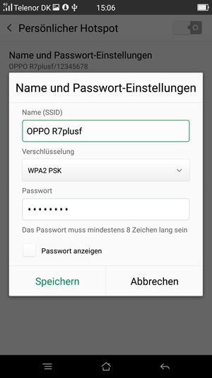 Geben Sie eine WLAN-Hotspot-Passwort mit mindestens 8 Zeichen ein und wählen Sie Speichern