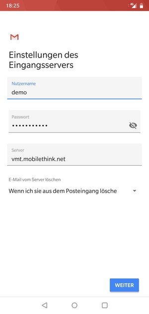 Geben Sie Benutzername und die Server-Adresse für eingehende Post ein. Wählen Sie WEITER