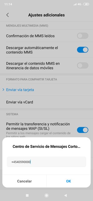 Introduzca el número de Centro de Servicio de Mensajes Cortos (SMSC) y seleccione OK
