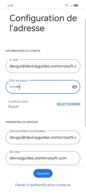 Saisissez votre Nom d'utilisateur et l'adresse du serveur Exchange. Sélectionnez Suivant