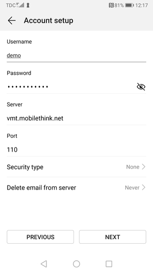 Enter Username and Incoming server address. Select NEXT