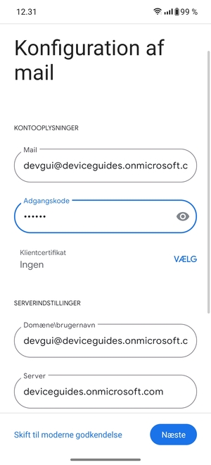 Indtast Brugernavn og Exchange serveradresse. Vælg Næste
